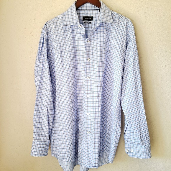 Bugatchi Blue Brown Check Mens Shirt 17 34/35 Button Down LSComfort‎ Stretch - Picture 1 of 7